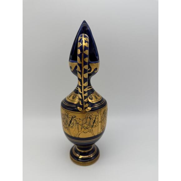 Grecian Cobalt Blue Classic Greece Scene 9" Greek Key Pitcher Vase 24K gold - Picture 4 of 7